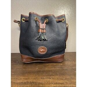 Vtg Dooney & Bourke Handbag Pebbled Black & Brown All Weather Leather Tote Purse